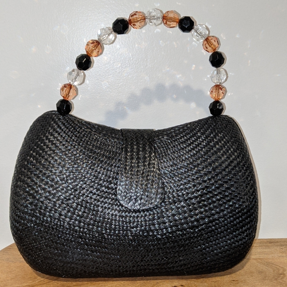 Le Sac Hardshell Straw Woven Purse Beaded Handle